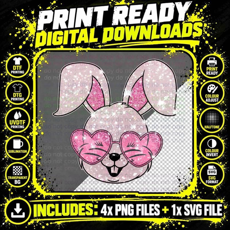Sparkly Bunny Face with Heart Glasses Easter T-Shirt Png SVG Digital Bundle