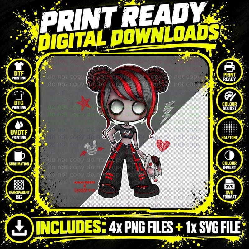 Spookscene Emo Girl Drawing Emo Bunny Doodle Mall Goth Png SVG Digital Bundle