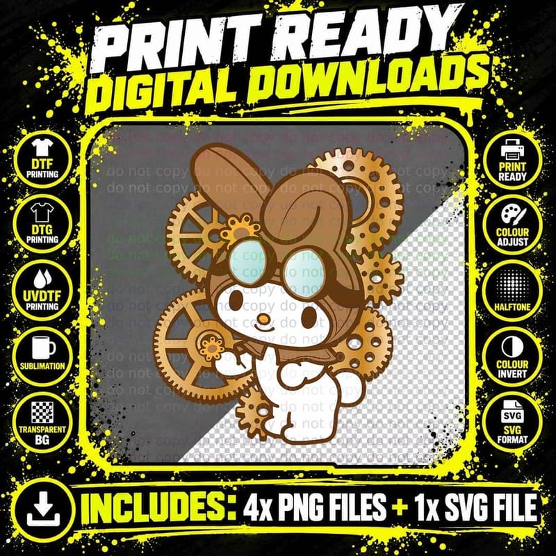 Steampunk Bunny Rabbit T-Shirt, Vintage Gears, Fashion Png SVG Digital Bundle