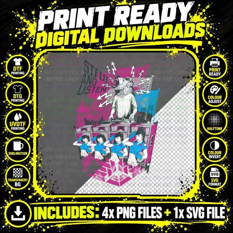 Step up and Listen DJ Bunny Ears Turntables Pink Blue Png SVG Digital Bundle