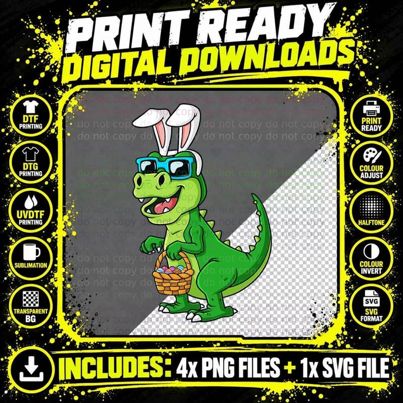 T Rex Easter Bunny with Eggs Basket Funny Dinosaur Boys Png SVG Digital Bundle