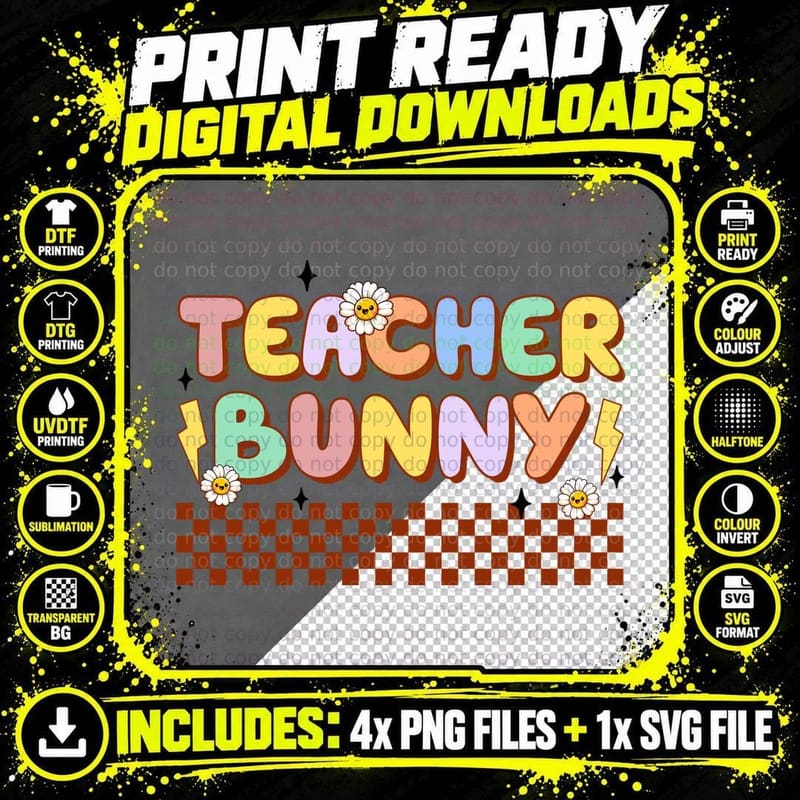 Teacher Bunny Easter T-Shirt, Pastel Floral Checkered Png SVG Digital Bundle