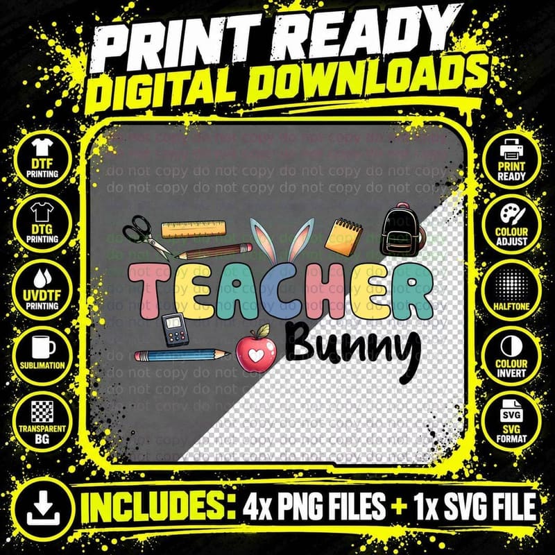 Teacher Bunny Easter T-Shirt, School Supplies with Bunny Png SVG Digital Bundle