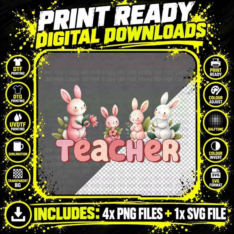 Teacher Easter T-Shirt, Adorable Bunnies with Flowers Png SVG Digital Bundle