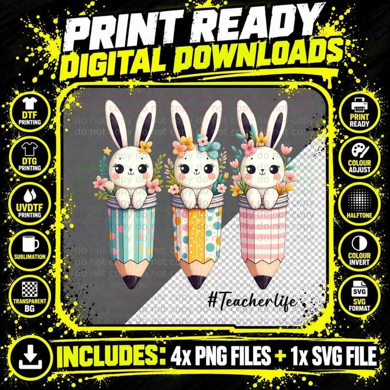 Teacherlife Easter T-Shirt, Adorable Bunnies in Pencils Png SVG Digital Bundle