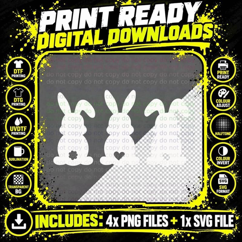 Three Black Bunny Silhouettes with Different Easter Png SVG Digital Bundle