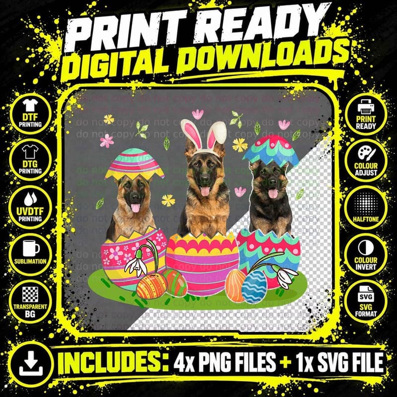 Three Bunny German Shepherd Inside Easter Egg Happy Png SVG Digital Bundle