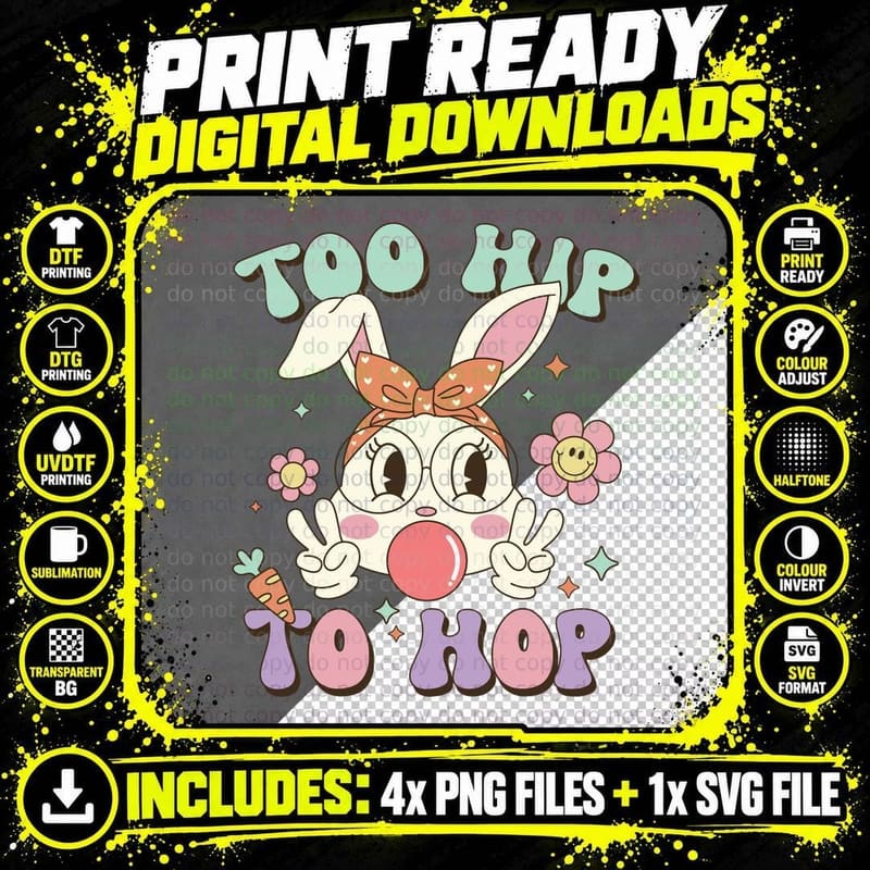 Too Hip to Hop Easter T-Shirt, Bunny Peace Sign with Png SVG Digital Bundle