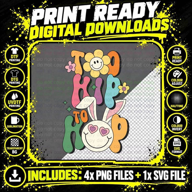 Too Hip to Hop Easter T-Shirt, Colorful Retro Bunny with Png SVG Digital Bundle