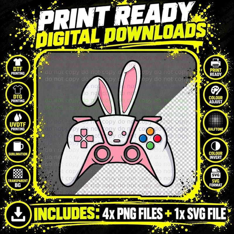 Video Game Controller Bunny Ears Easter T-Shirt Png SVG Digital Bundle