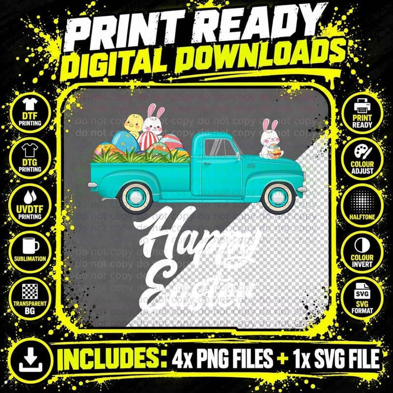 Vintage Easter Truck Bunny Eggs - Red Truck with Egg Png SVG Digital Bundle