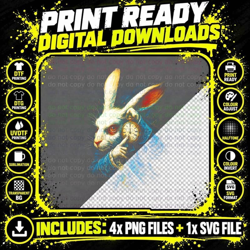 White Rabbit Pocket Watch T-Shirt, Halftone Alice Png SVG Digital Bundle