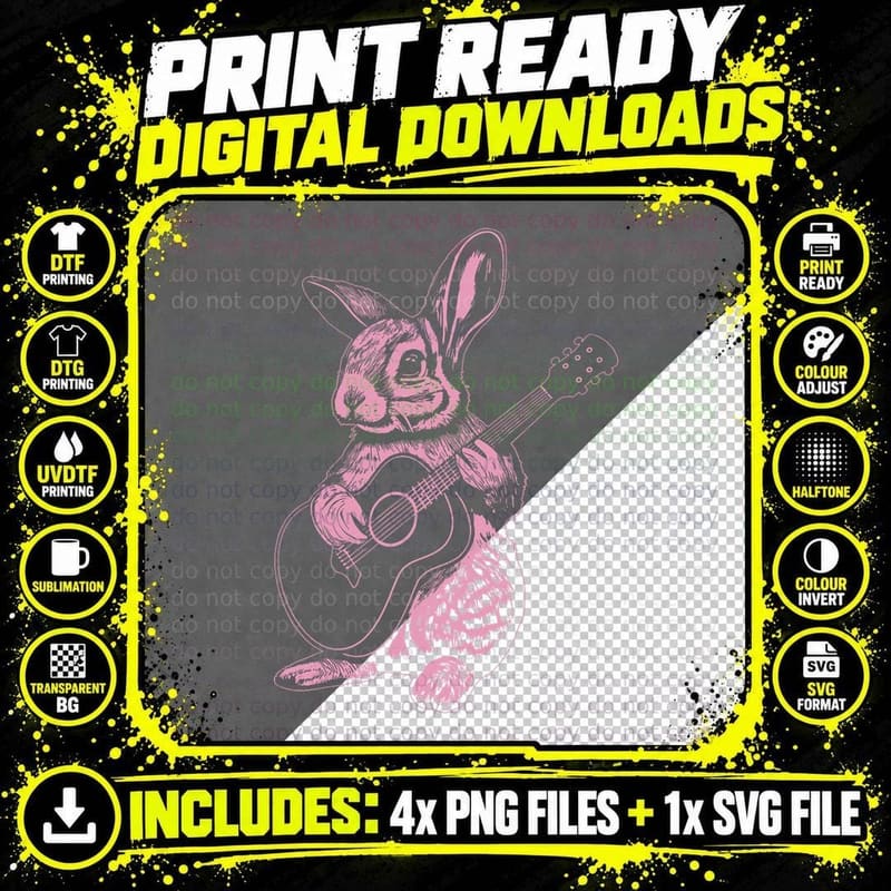 Bunny Playing Acoustic Guitar Easter Rabbit Women Png SVG Digital Bundle