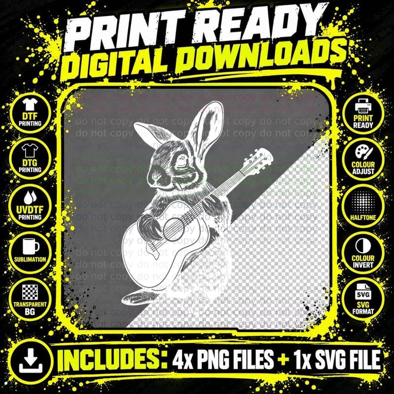 Bunny Playing Acoustic Guitar Easter Rabbit Women, Men Png SVG Digital Bundle