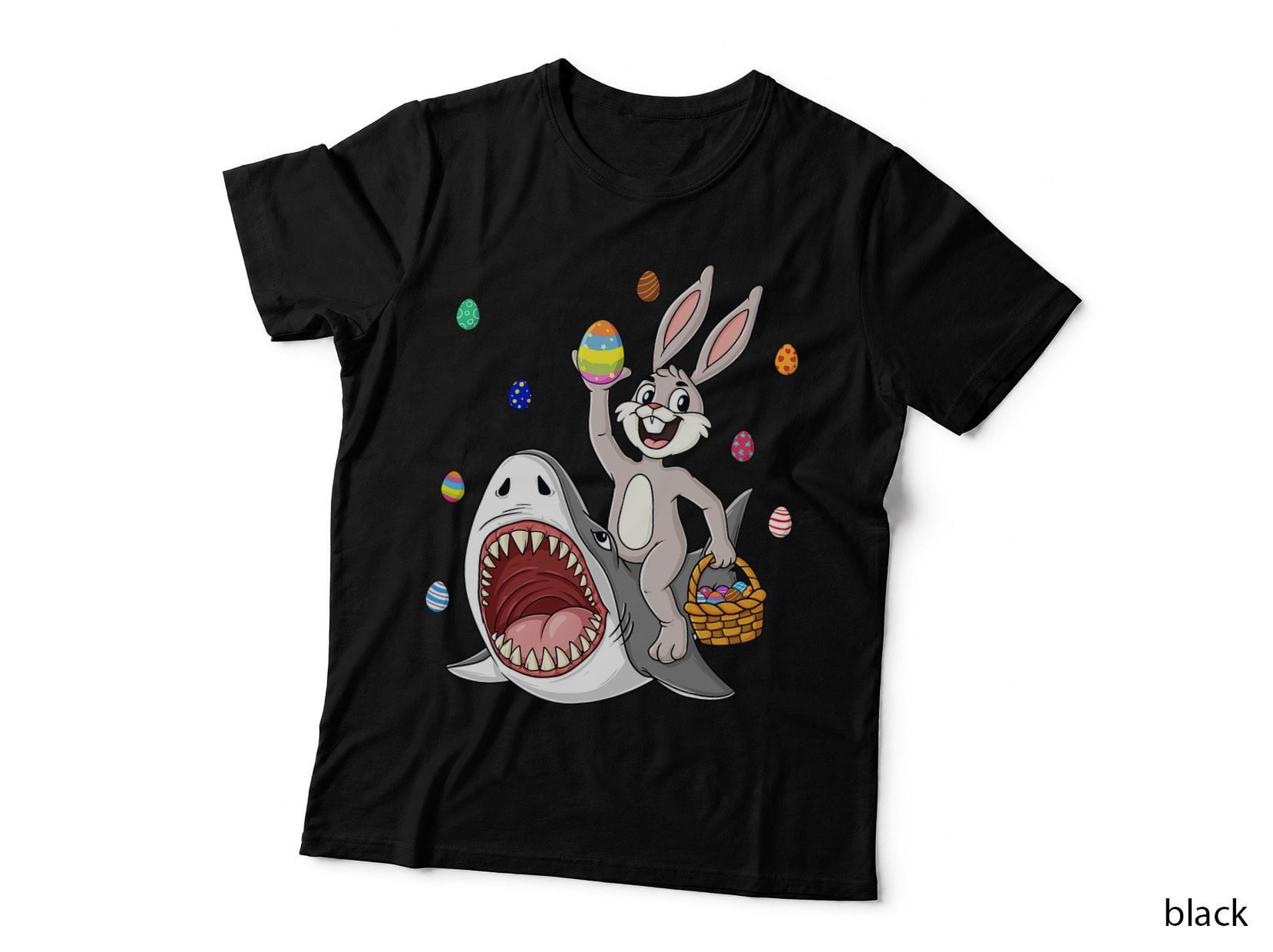 Easter Bunny Riding Shark Funny Eggs Basket Boys Girls Kids T-Shirt