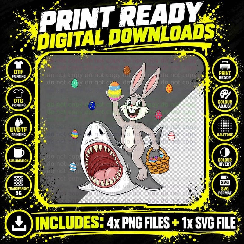 Easter Bunny Riding Shark Funny Eggs Basket Boys Girls Png SVG Digital Bundle