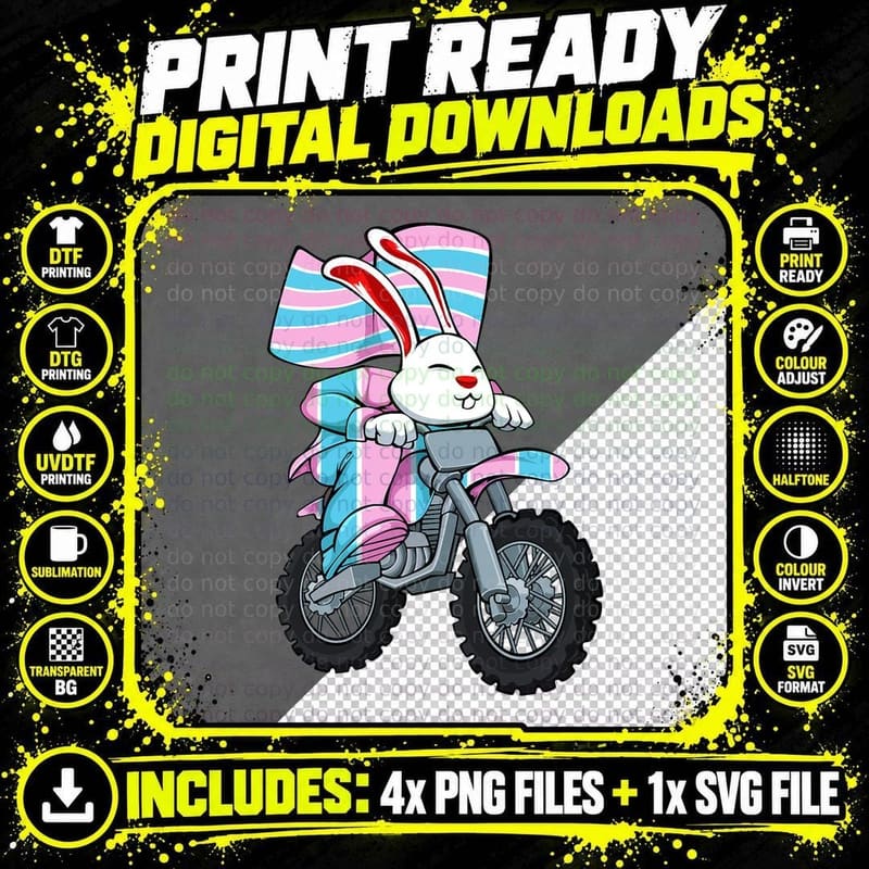 Easter Bunny Ridng Motorcycle LGBT-Q Transgender Pride Png SVG Digital Bundle