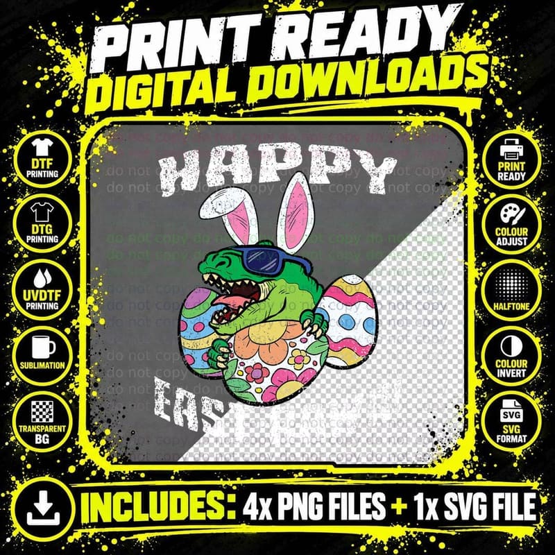 Easter Happy East-Rawr Egg Hunting Dinosaur T-Rex Bunny Png SVG Digital Bundle