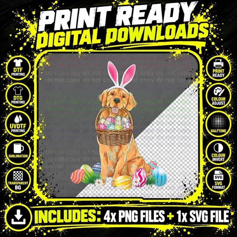 Golden Retriever Easter Day Bunny Eggs Easter Costume Png SVG Digital Bundle