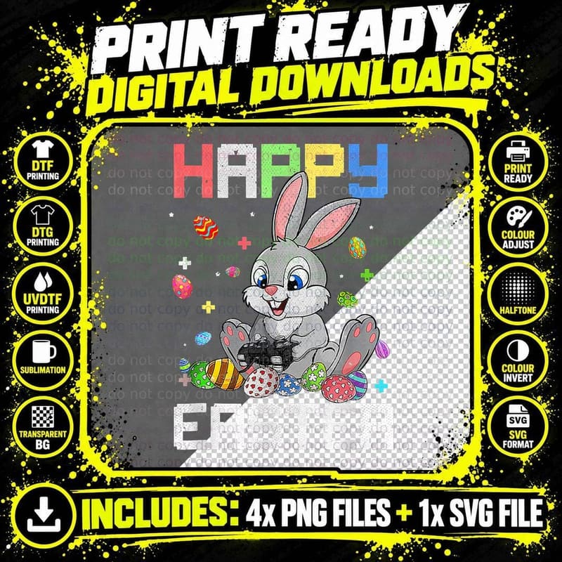 Happy Easter Day Video Game Controller Bunny Gamer Boy Png SVG Digital Bundle