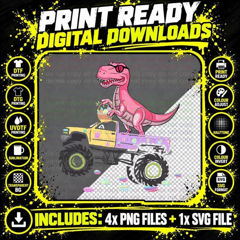 Happy Easter Dinosaur Monster Truck Trex Boys Kid Png SVG Digital Bundle