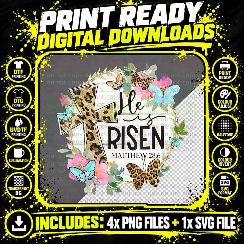 He Is Risen Jesus Christian Happy Easter Floral Wreath Png SVG Digital Bundle