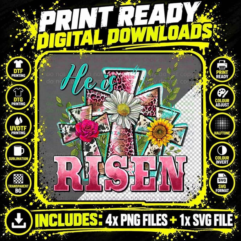 He Is Risen Leopard Happy Easter Day Christian Jesus Png SVG Digital Bundle