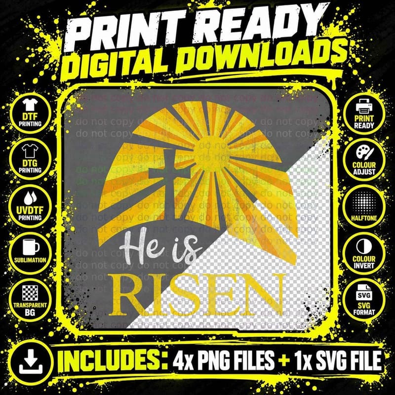 He Is Risen Religious Easter Jesus Christian Men Women Png SVG Digital Bundle
