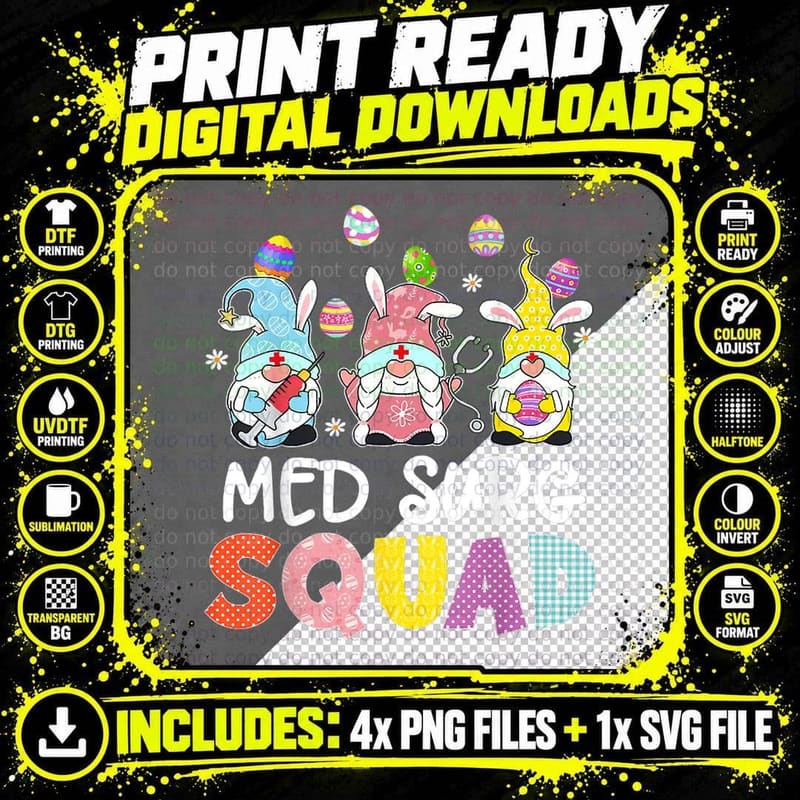 Med Surg Squad Cute Gnome Bunny Eggs Funny Easter Day Png SVG Digital Bundle