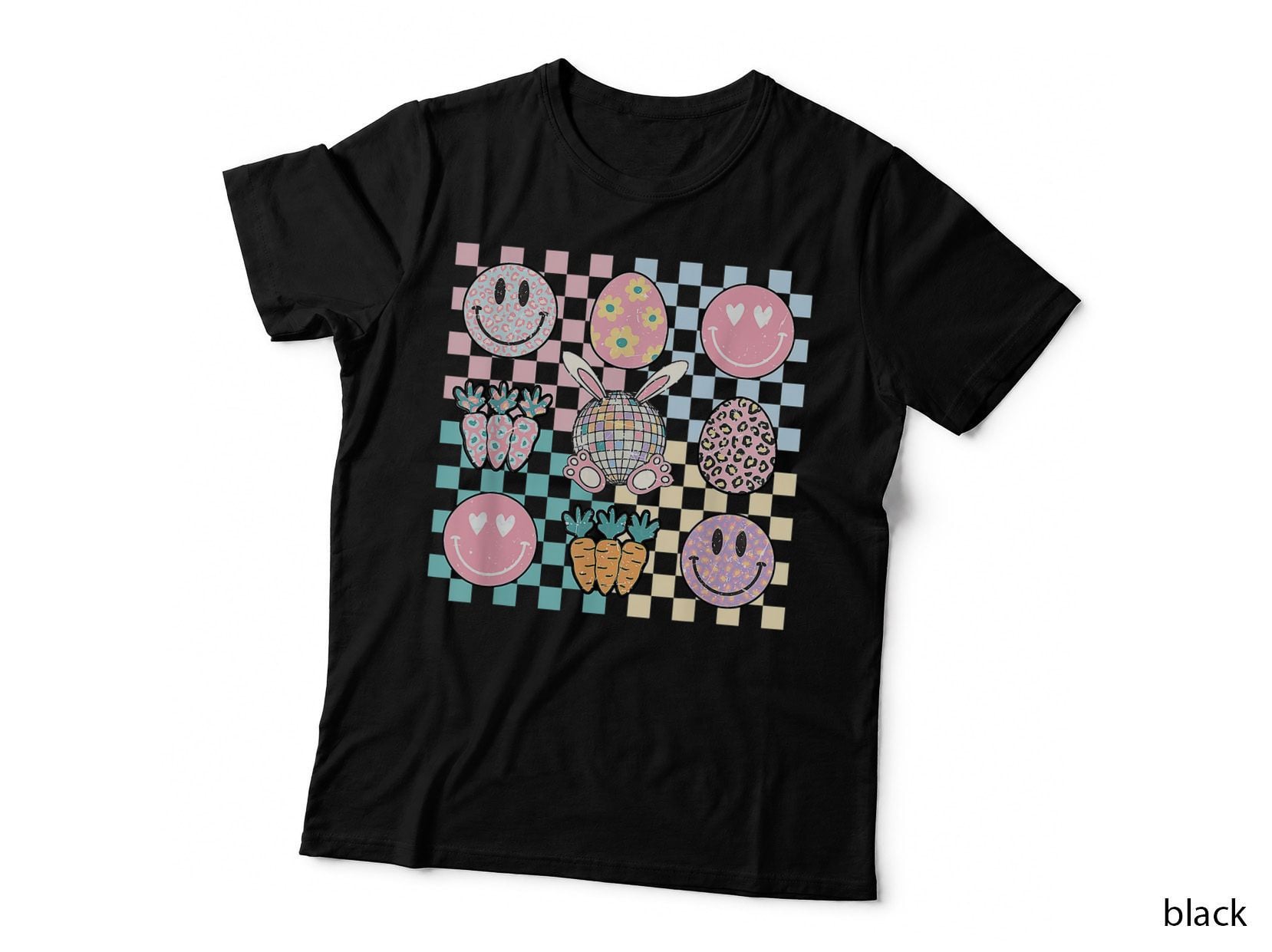 Retro Groovy Bunny Smile Disco Eggs Carrot Happy Easter Day T-Shirt