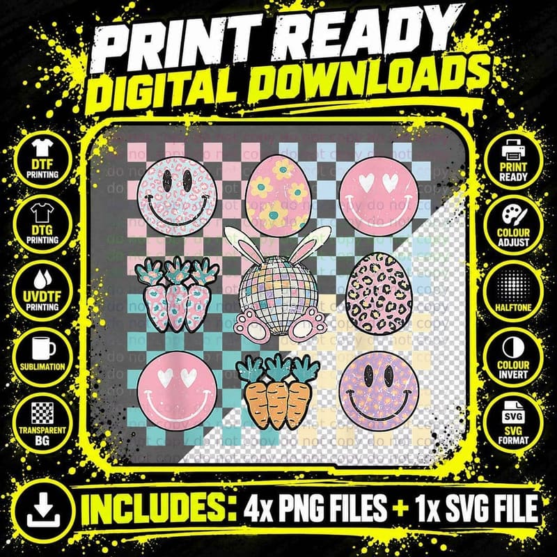Retro Groovy Bunny Smile Disco Eggs Carrot Happy Easter Png SVG Digital Bundle