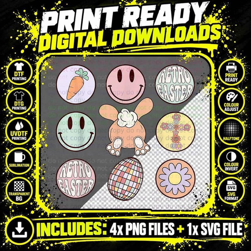 Smile Face Bunny Ears Easter Egg Groovy Disco Happy Png SVG Digital Bundle
