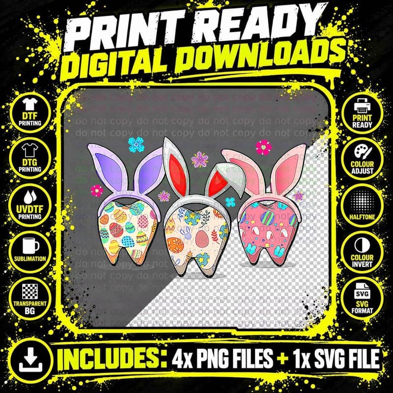 Three Bunny Teeth Dental Squad Dentist Easter Day Women Png SVG Digital Bundle