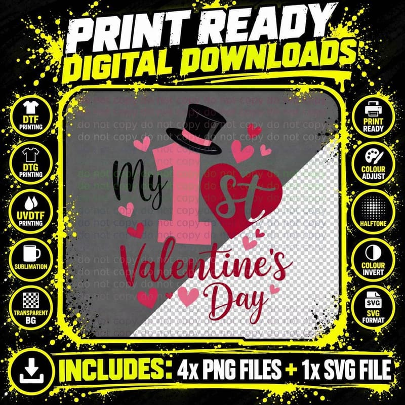1st Valentine My 1 St Valentine's Day Number Top Hat Png SVG Digital Bundle