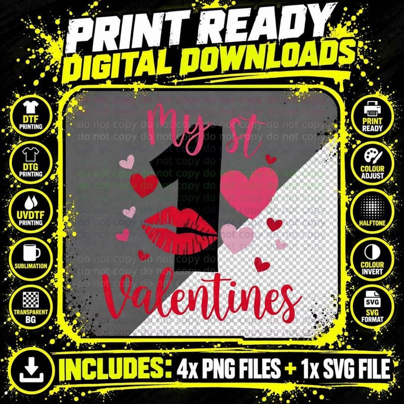 1st Valentine My St Valentine's Black Number 1 Red Lips Png SVG Digital Bundle