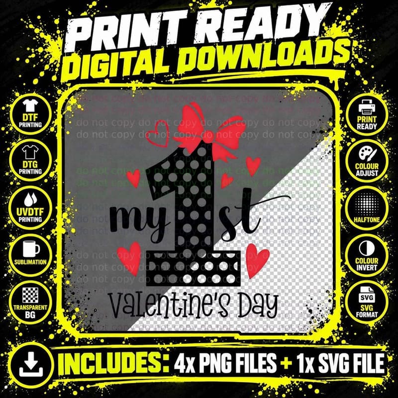 1st Valentine My Valentine's Day Black Polka Dot Number Png SVG Digital Bundle