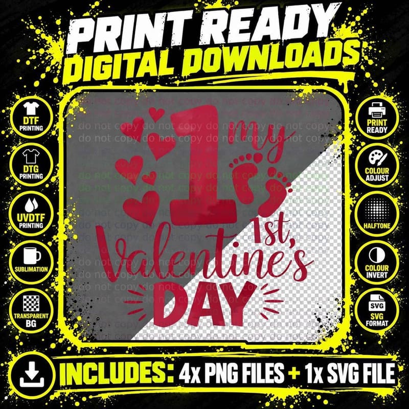 1st Valentine My Valentine's Day Red Number 1 Pink Png SVG Digital Bundle