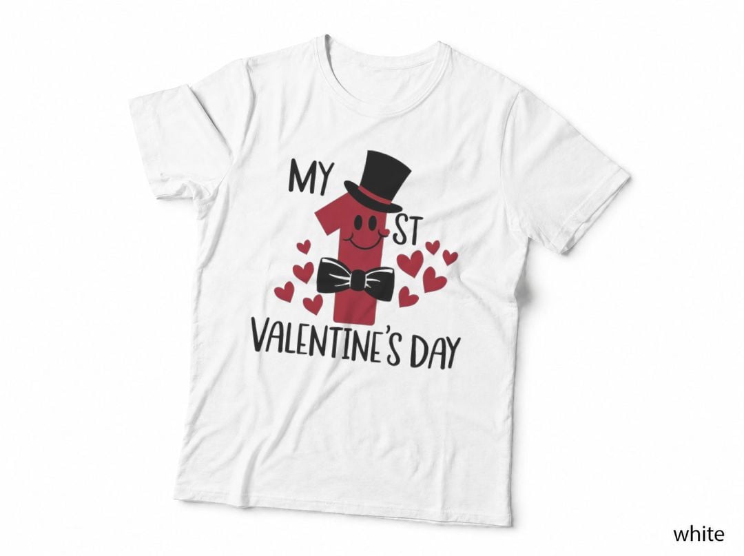 1st Valentine My Valentine's Day Red Number 1 Smiley Face Bow Hearts T-Shirt