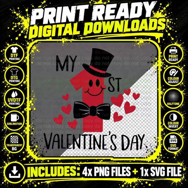 1st Valentine My Valentine's Day Red Number 1 Smiley Png SVG Digital Bundle