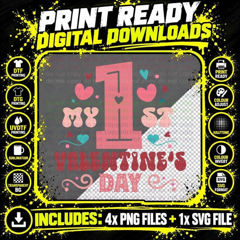 1st Valentine's Day 1 St Large Number Pink Distressed Png SVG Digital Bundle
