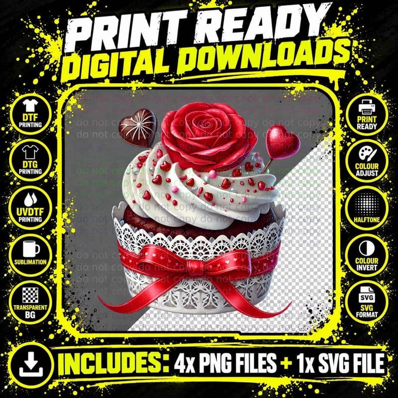 3D Cupcake Rose Lace Heart T-Shirt Png SVG Digital Bundle