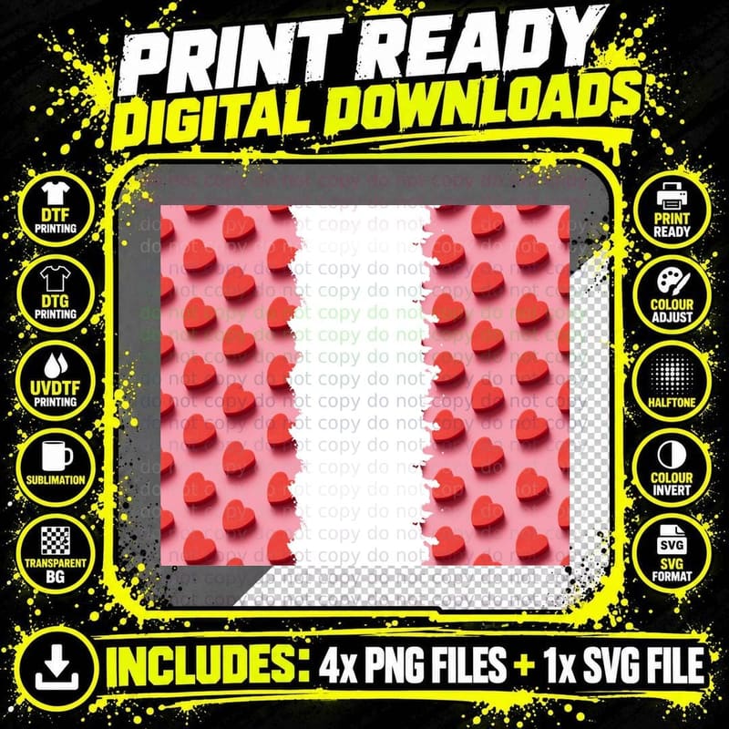 3D Red Hearts Pink Background Glossy T-Shirt Png SVG Digital Bundle