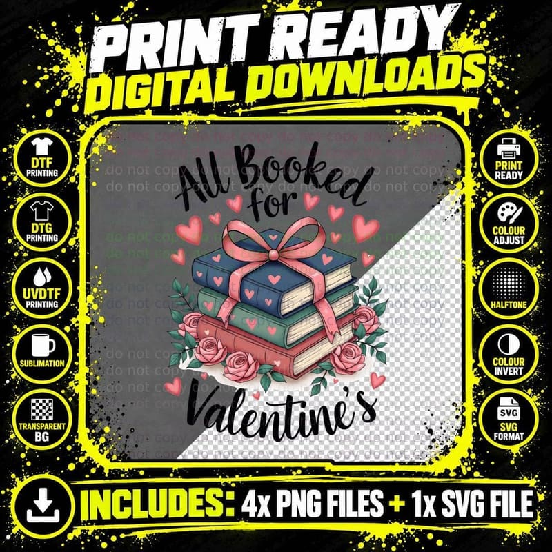 All Booked for Valentine's for Stacked Books Pink Bow Png SVG Digital Bundle