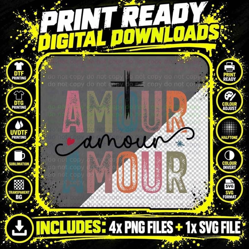 Amour Multicolor with Heart Script Teal Pink Orange Png SVG Digital Bundle