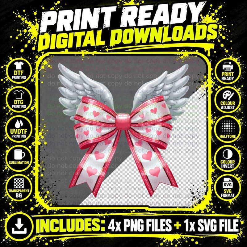 Angel Wings Bow Pink Red Heart T-Shirt Png SVG Digital Bundle
