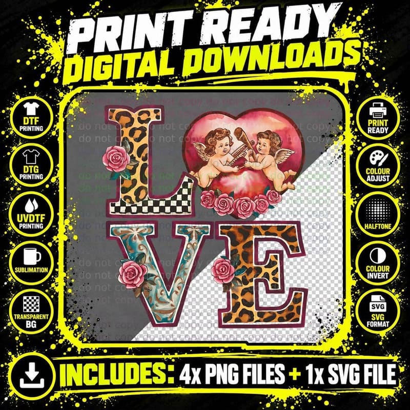 Angels Love Cherubs with Leopard Pattern and Roses Png SVG Digital Bundle