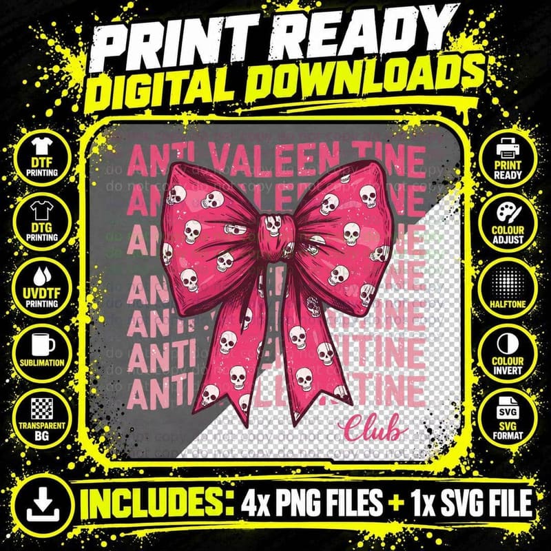 Anti Valentine Bow Skull Distressed Pink T-Shirt Png SVG Digital Bundle
