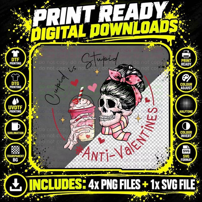 Anti-Valentine Cupid Is Stupid Anti-Valentines Skull Png SVG Digital Bundle