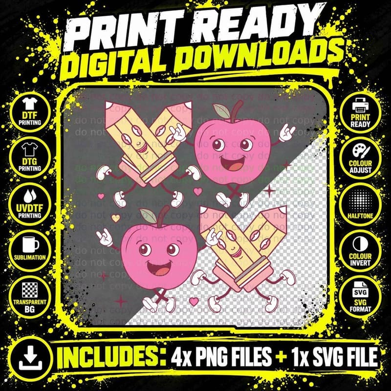 Apples Teaching Pink Apple Book Hearts Cute Character Png SVG Digital Bundle