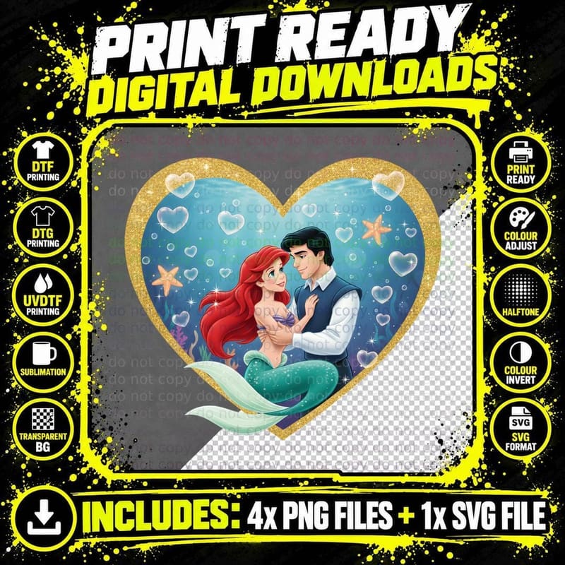 Ariel and Prince Mermaid Couple Underwater Gold T-Shirt Png SVG Digital Bundle